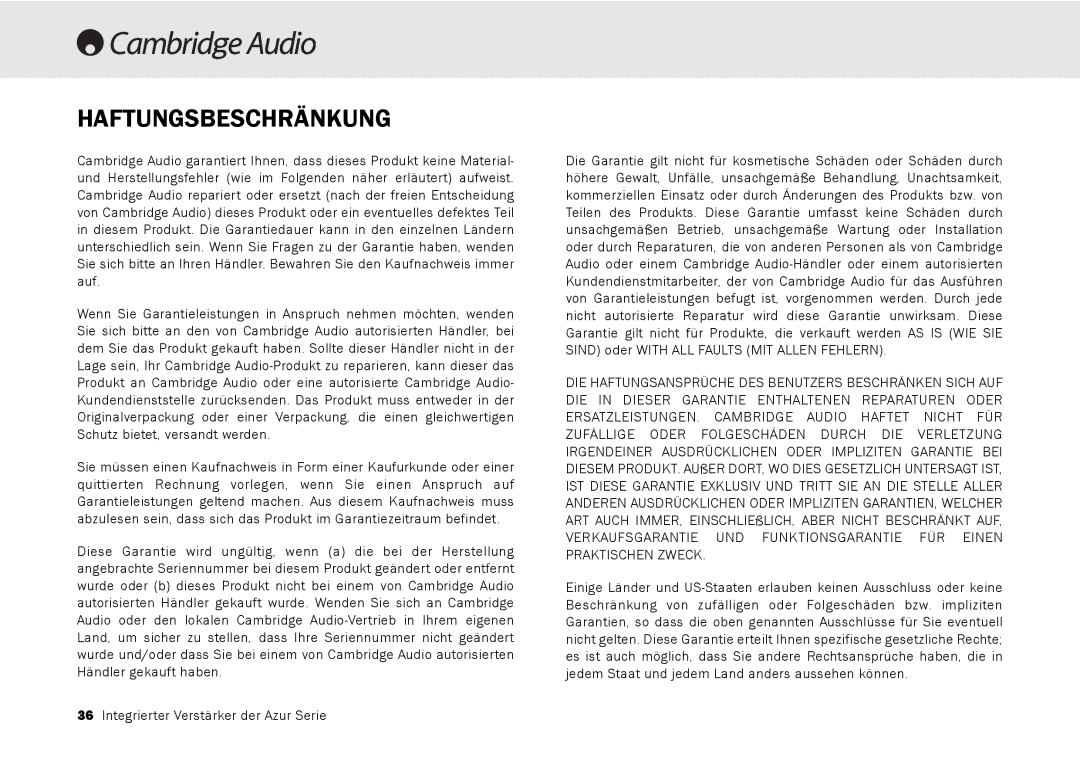 Cambridge Audio 540A, 640A user manual Haftungsbeschränkung 