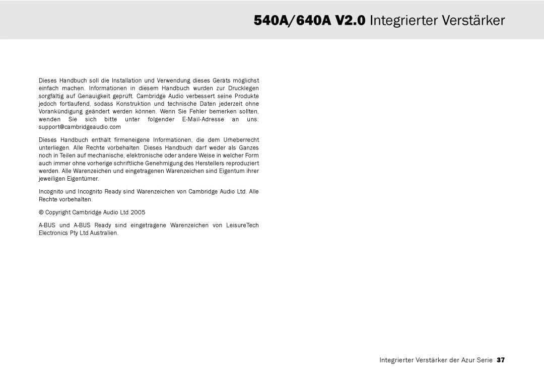 Cambridge Audio user manual 540A/640A V2.0 Integrierter Verstärker 