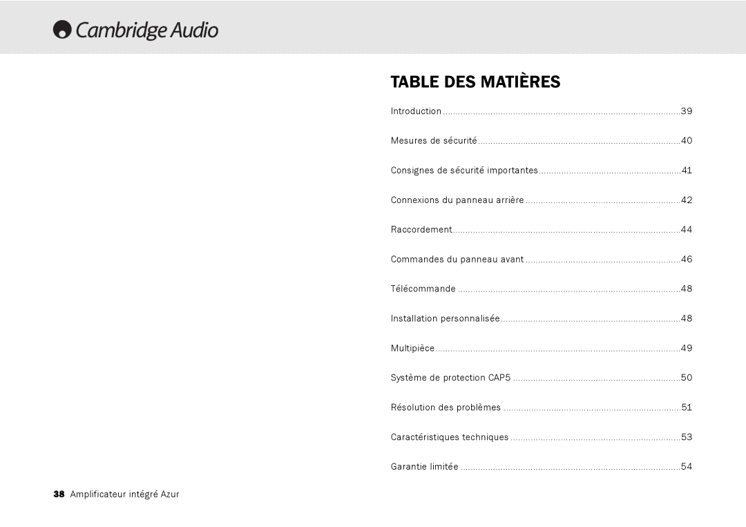 Cambridge Audio 540A, 640A user manual Table DES Matières 