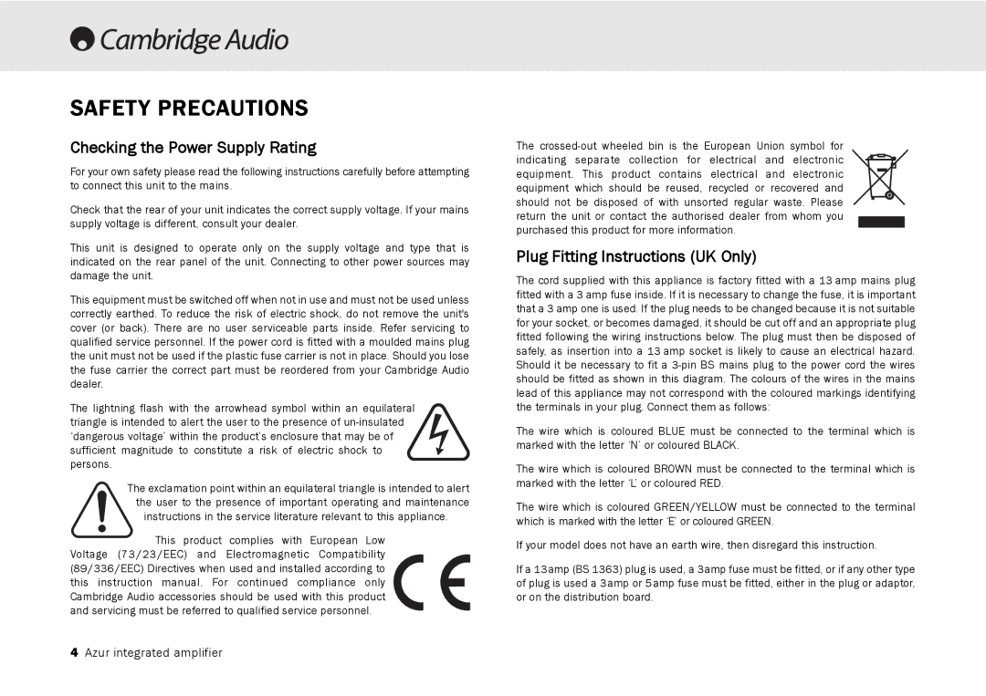 Cambridge Audio 540A, 640A Safety Precautions, Checking the Power Supply Rating, Plug Fitting Instructions UK Only 