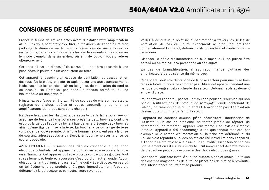 Cambridge Audio 640A, 540A user manual Consignes DE Sécurité Importantes 