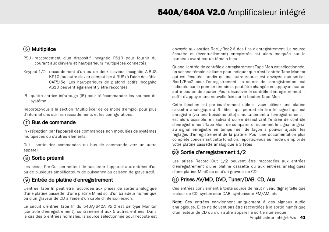 Cambridge Audio 640A, 540A user manual Multipièce, Bus de commande, Sortie préamli, Entrée de platine denregistrement 