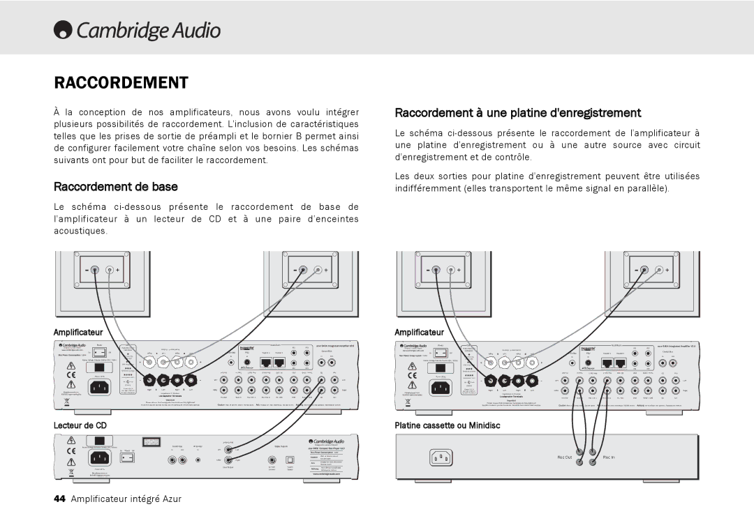 Cambridge Audio 540A, 640A user manual Raccordement de base, Raccordement à une platine denregistrement, Amplificateur 