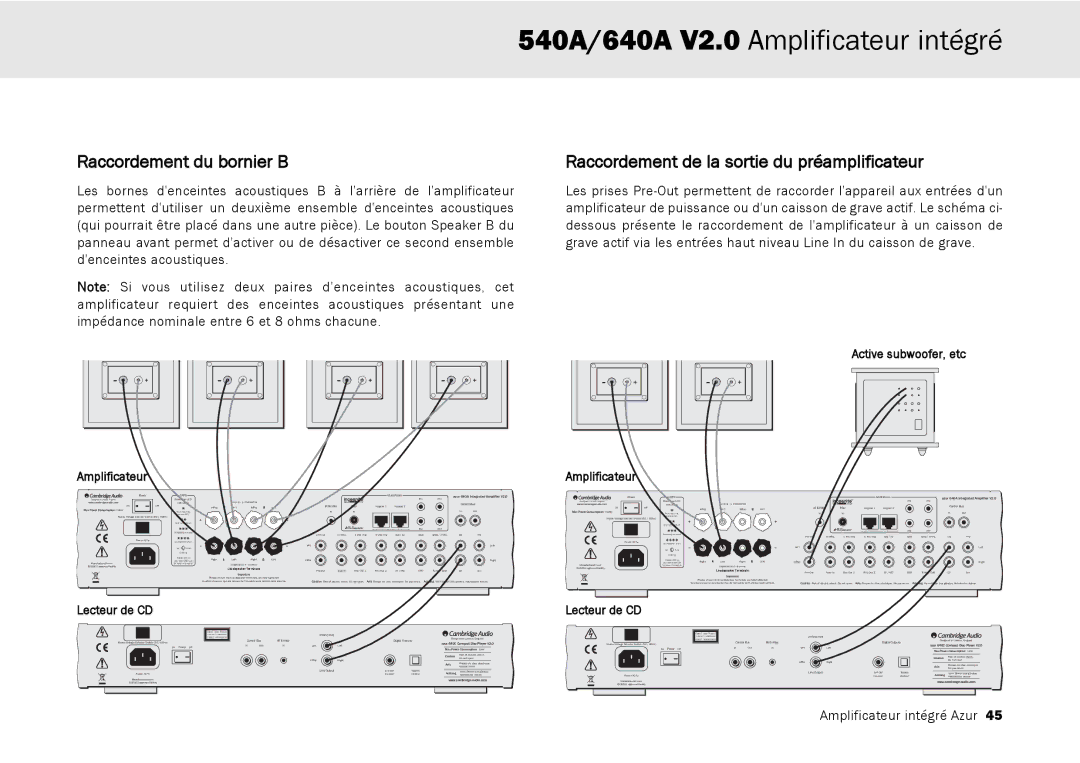 Cambridge Audio 640A, 540A Raccordement du bornier B, Raccordement de la sortie du préamplificateur, Lecteur de CD 