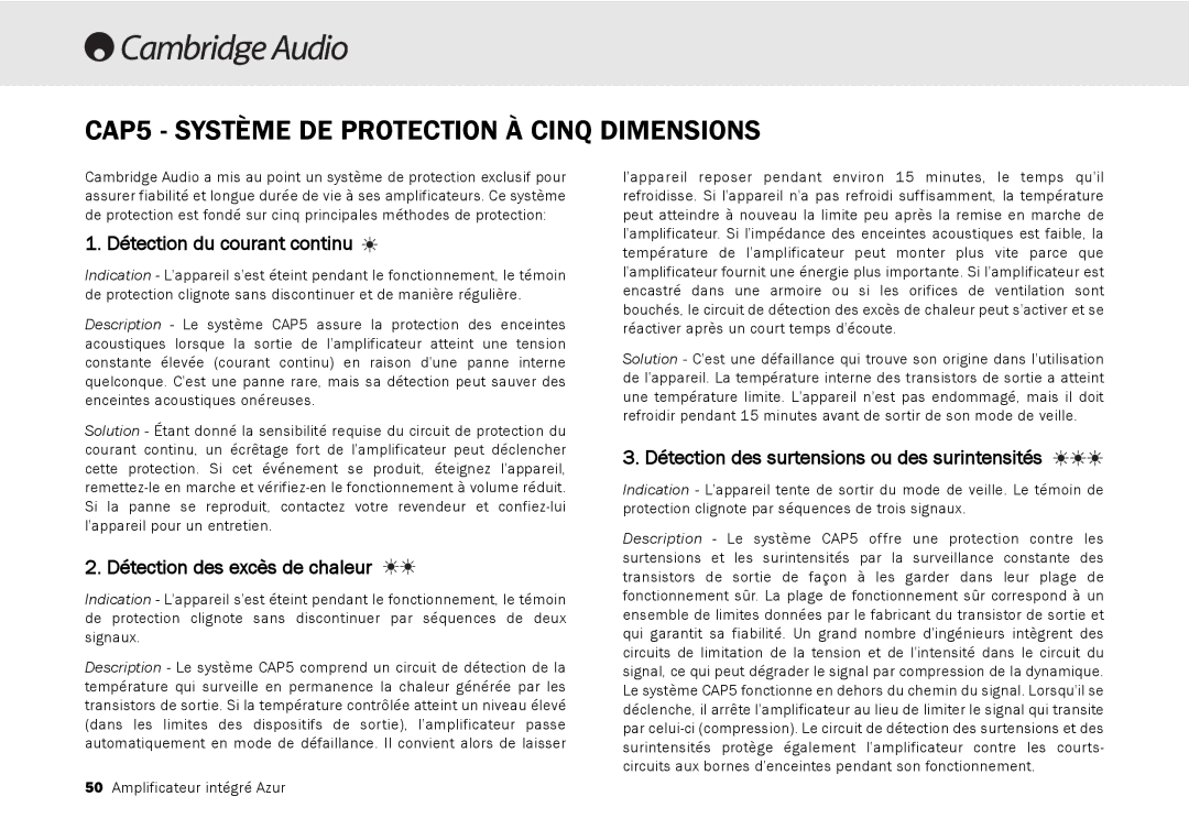 Cambridge Audio 540A, 640A user manual CAP5 Système DE Protection À Cinq Dimensions, Détection du courant continu 