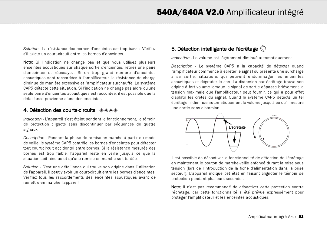 Cambridge Audio 640A, 540A user manual Détection des courts-circuits, Détection intelligente de lécrêtage 