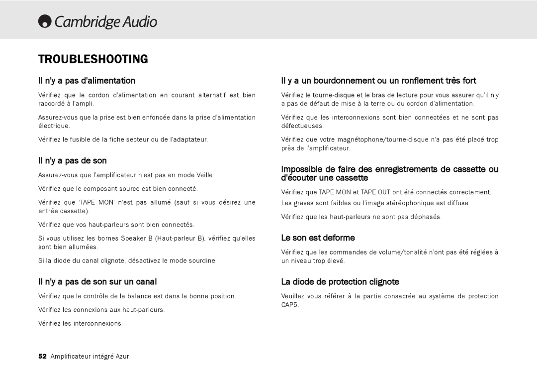 Cambridge Audio 540A, 640A user manual Il ny a pas dalimentation, Il ny a pas de son sur un canal, Le son est deforme 