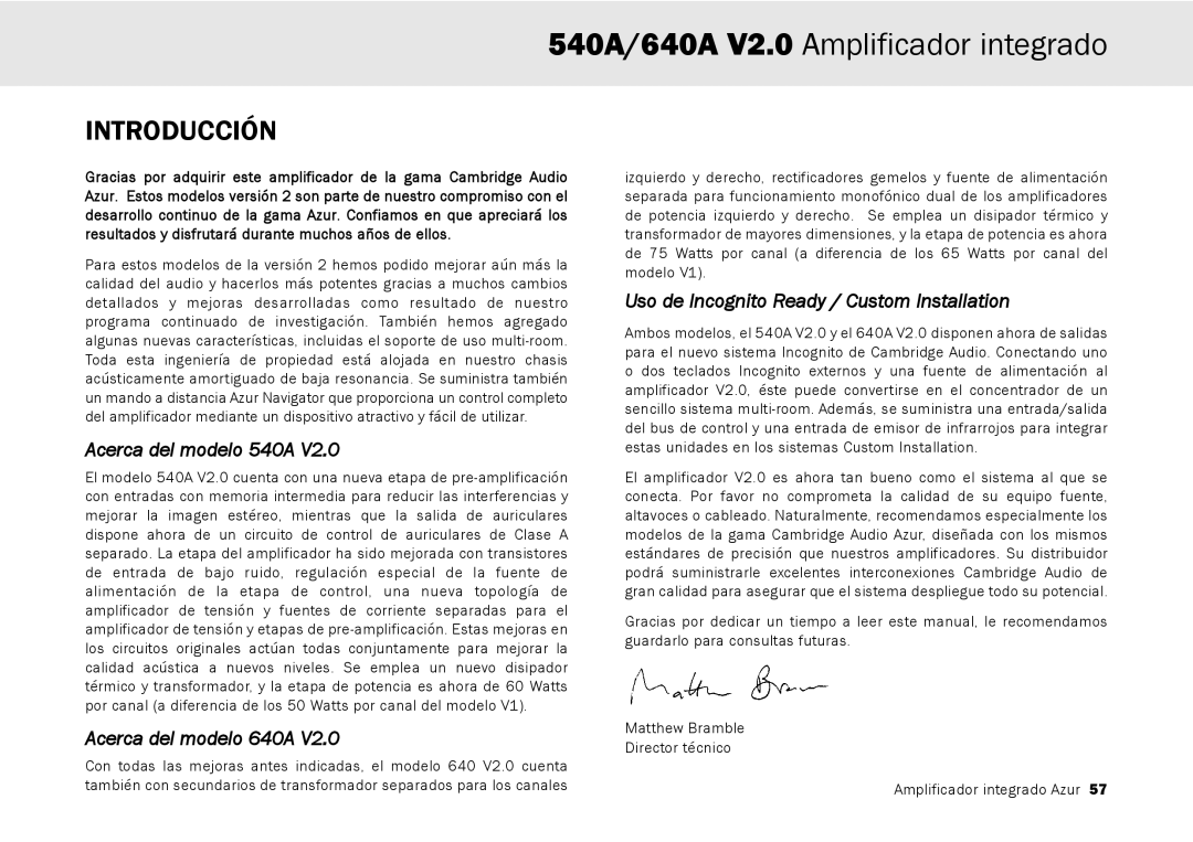 Cambridge Audio user manual Introducción, Acerca del modelo 540A, Acerca del modelo 640A 