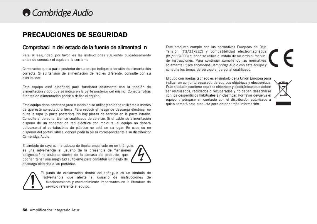 Cambridge Audio 540A, 640A user manual Precauciones DE Seguridad, Comprobación del estado de la fuente de alimentación 