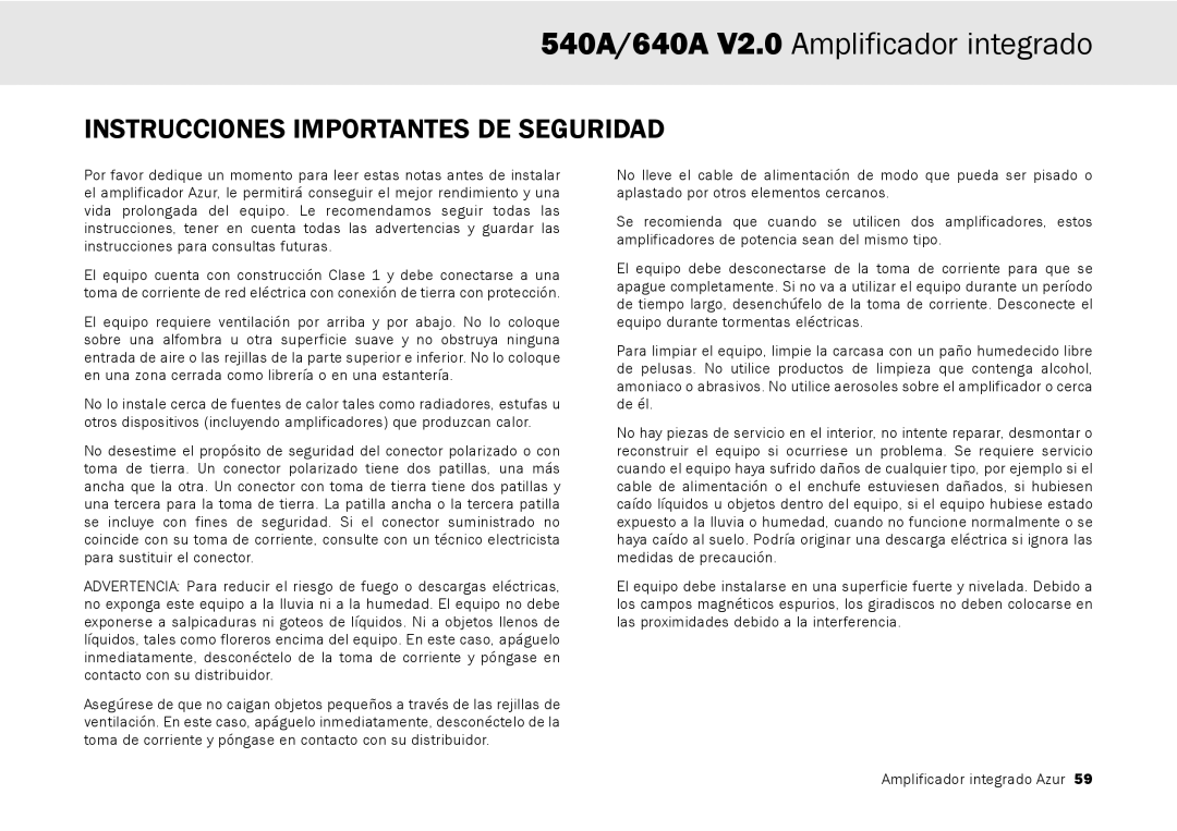 Cambridge Audio 640A, 540A user manual Instrucciones Importantes DE Seguridad 