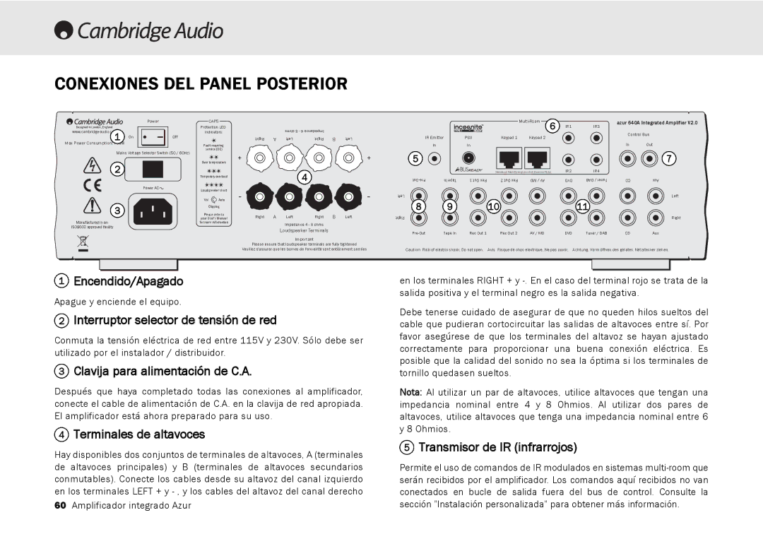 Cambridge Audio 540A, 640A user manual Conexiones DEL Panel Posterior 