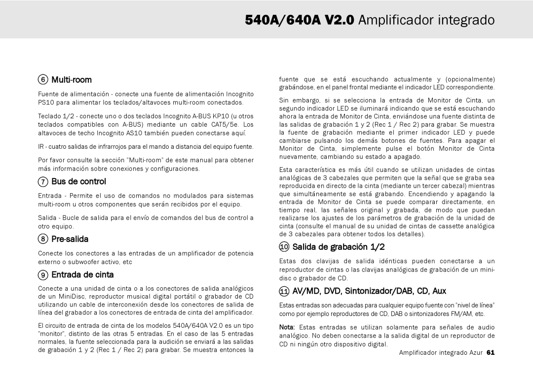 Cambridge Audio 640A, 540A user manual Bus de control, Pre-salida, Entrada de cinta, Salida de grabación 1/2 