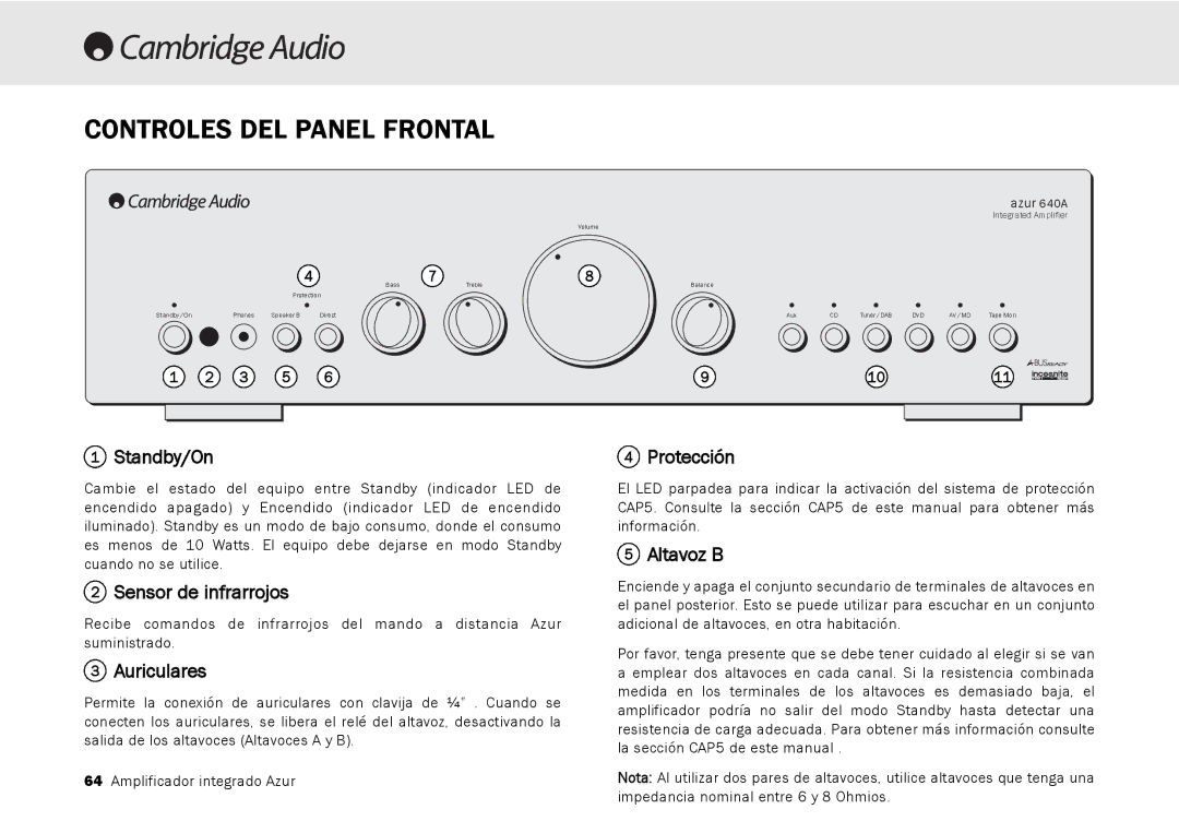 Cambridge Audio 540A, 640A Controles DEL Panel Frontal, Sensor de infrarrojos, Auriculares, Protección, Altavoz B 