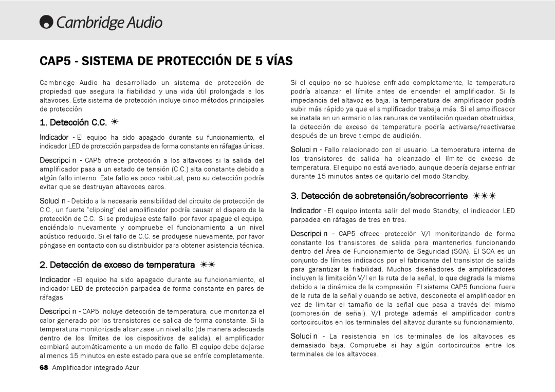 Cambridge Audio 540A, 640A CAP5 Sistema DE Protección DE 5 Vías, Detección C.C, Detección de exceso de temperatura 