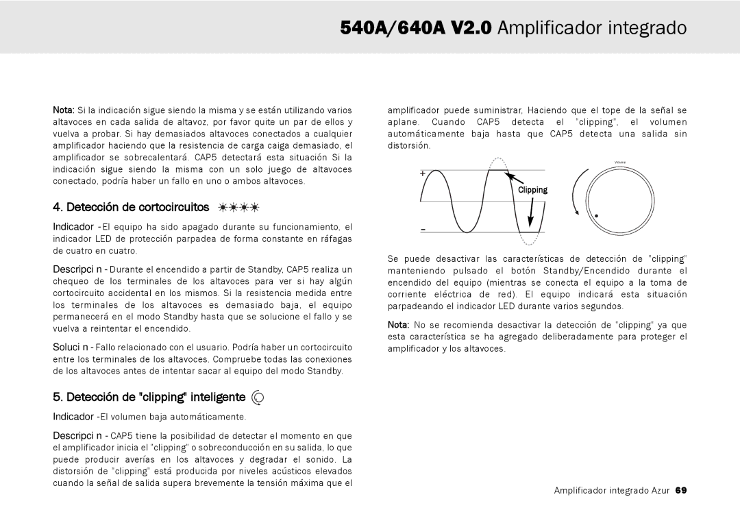 Cambridge Audio 640A, 540A user manual Detección de cortocircuitos, Detección de clipping inteligente 