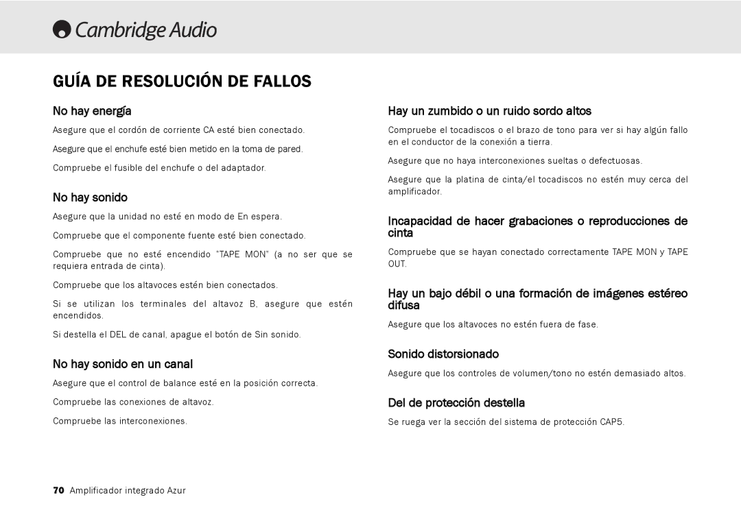 Cambridge Audio 540A, 640A user manual Guía DE Resolución DE Fallos 