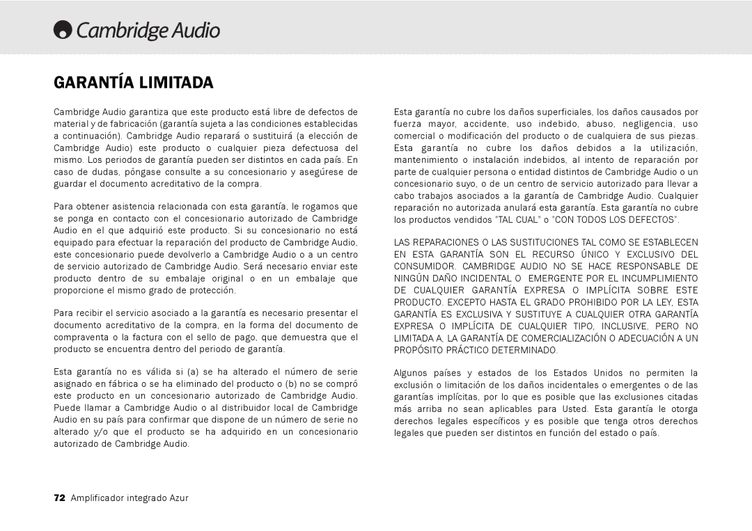 Cambridge Audio 540A, 640A user manual Garantía Limitada 