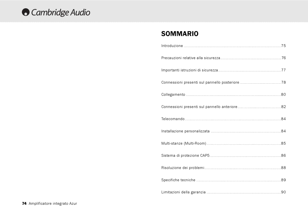 Cambridge Audio 540A, 640A user manual Sommario, Connessioni presenti sul pannello anteriore 