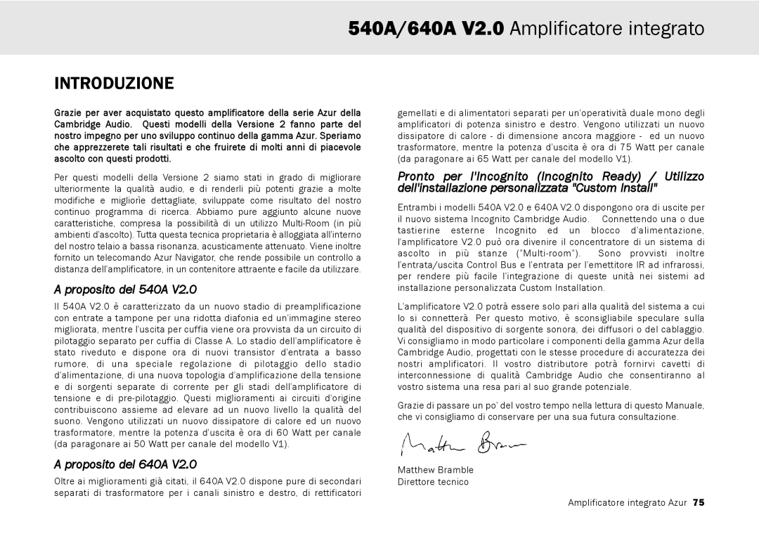 Cambridge Audio user manual Introduzione, Proposito del 540A, Proposito del 640A 