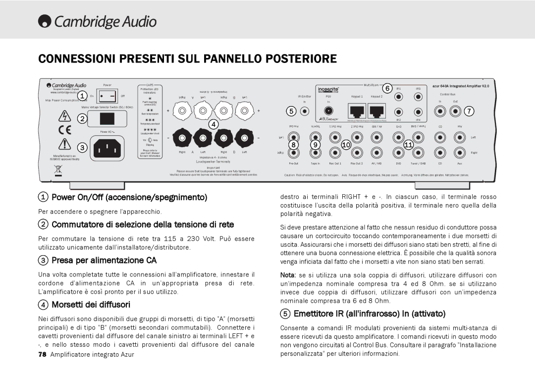 Cambridge Audio 540A, 640A user manual Connessioni Presenti SUL Pannello Posteriore 