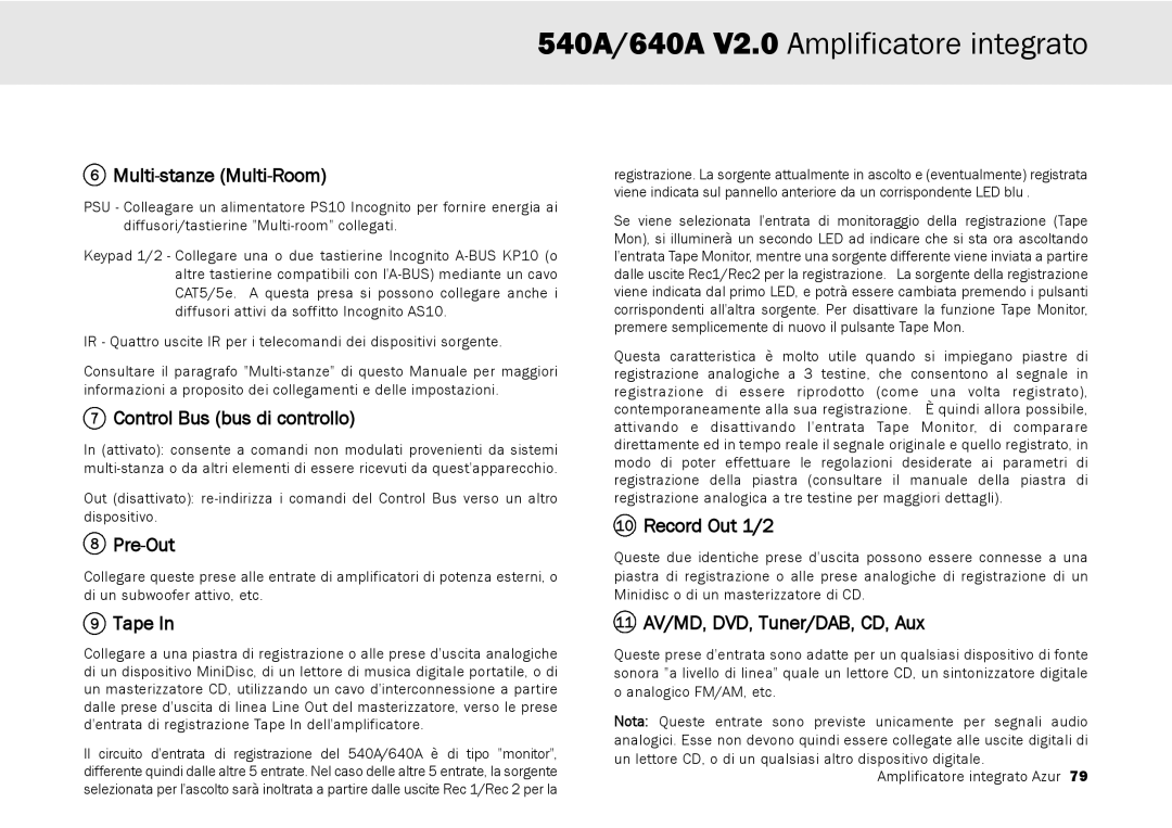 Cambridge Audio 640A, 540A user manual Multi-stanze Multi-Room, Control Bus bus di controllo 