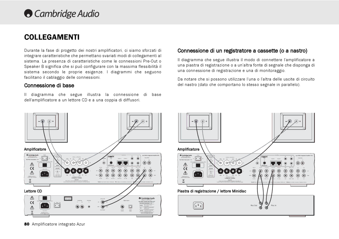 Cambridge Audio 540A, 640A Collegamenti, Connessione di base, Connessione di un registratore a cassette o a nastro 