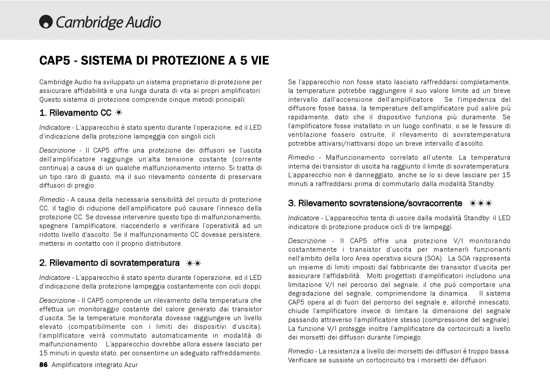 Cambridge Audio 540A, 640A user manual CAP5 Sistema DI Protezione a 5 VIE, Rilevamento CC, Rilevamento di sovratemperatura 