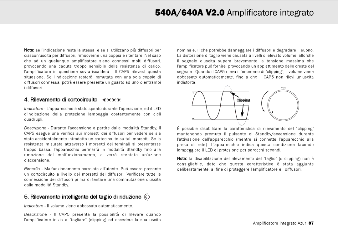 Cambridge Audio 640A, 540A user manual Rilevamento di cortocircuito, Rilevamento intelligente del taglio di riduzione 