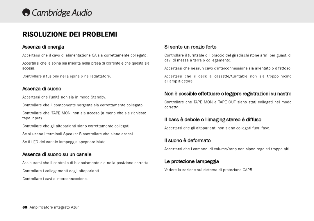 Cambridge Audio 540A, 640A user manual Risoluzione DEI Problemi 