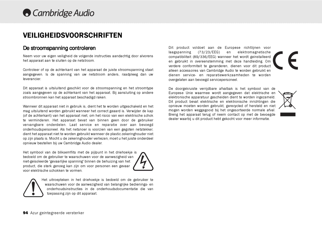 Cambridge Audio 540A, 640A user manual Veiligheidsvoorschriften, De stroomspanning controleren 