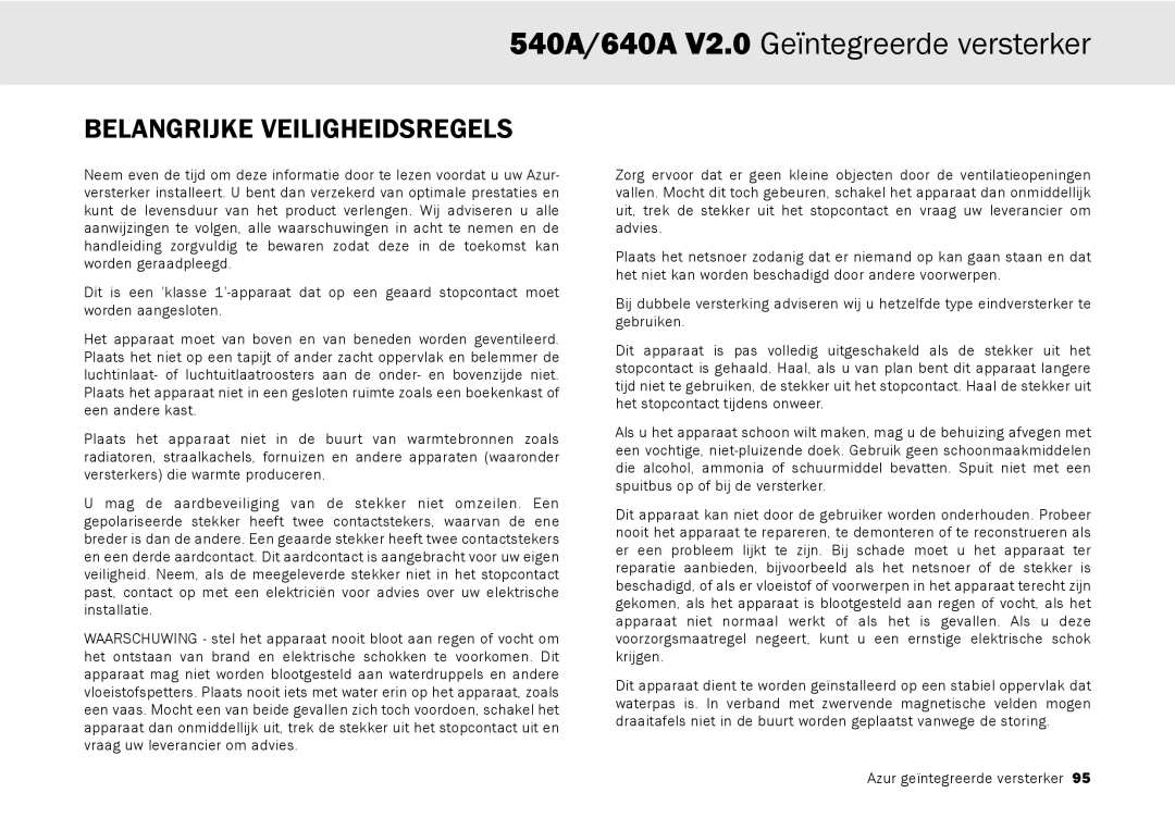 Cambridge Audio 640A, 540A user manual Belangrijke Veiligheidsregels 