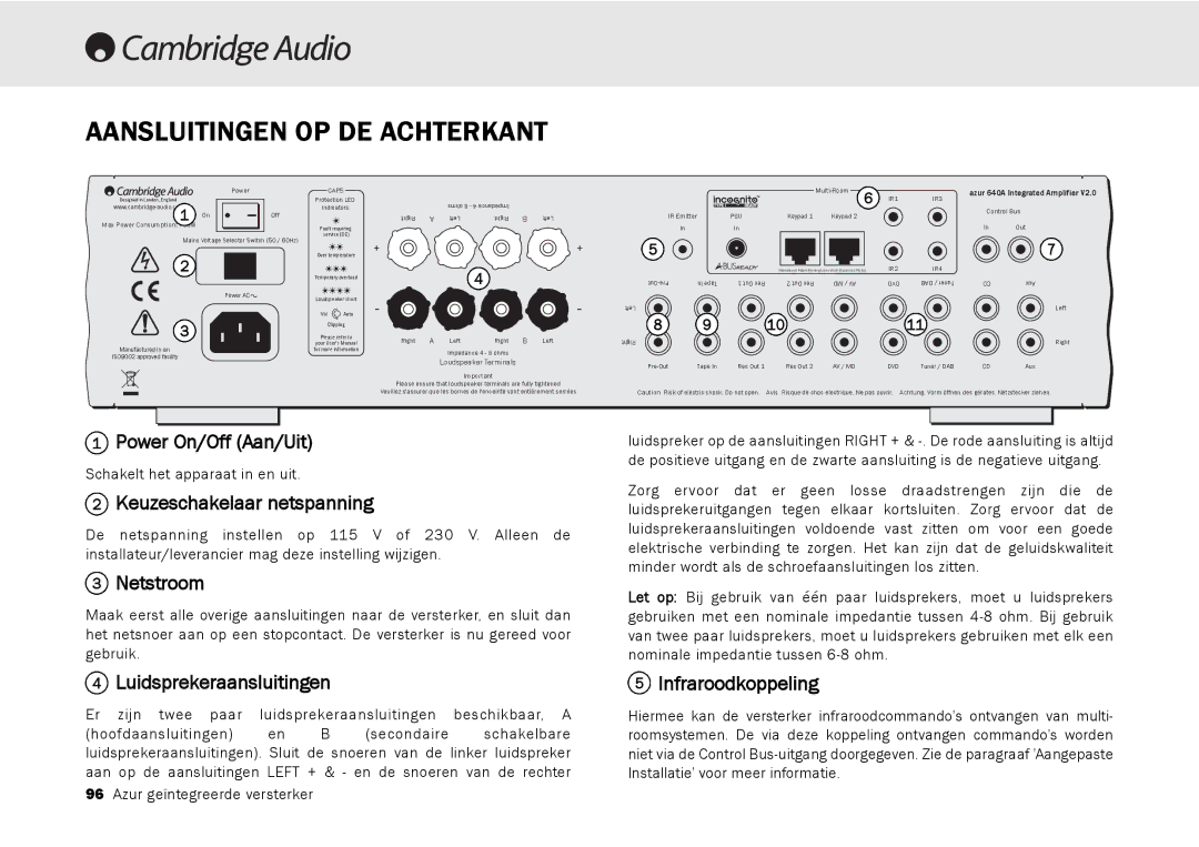 Cambridge Audio 540A, 640A user manual Aansluitingen OP DE Achterkant 