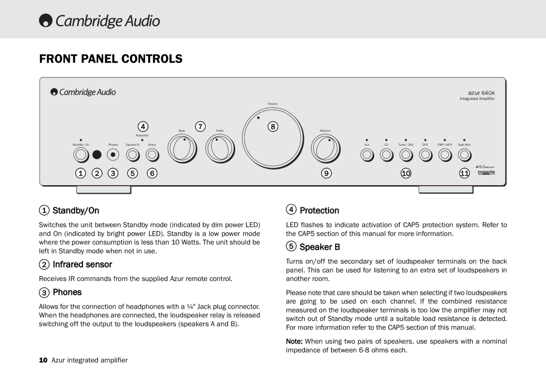 Cambridge Audio 540A, 640A user manual Front Panel Controls 