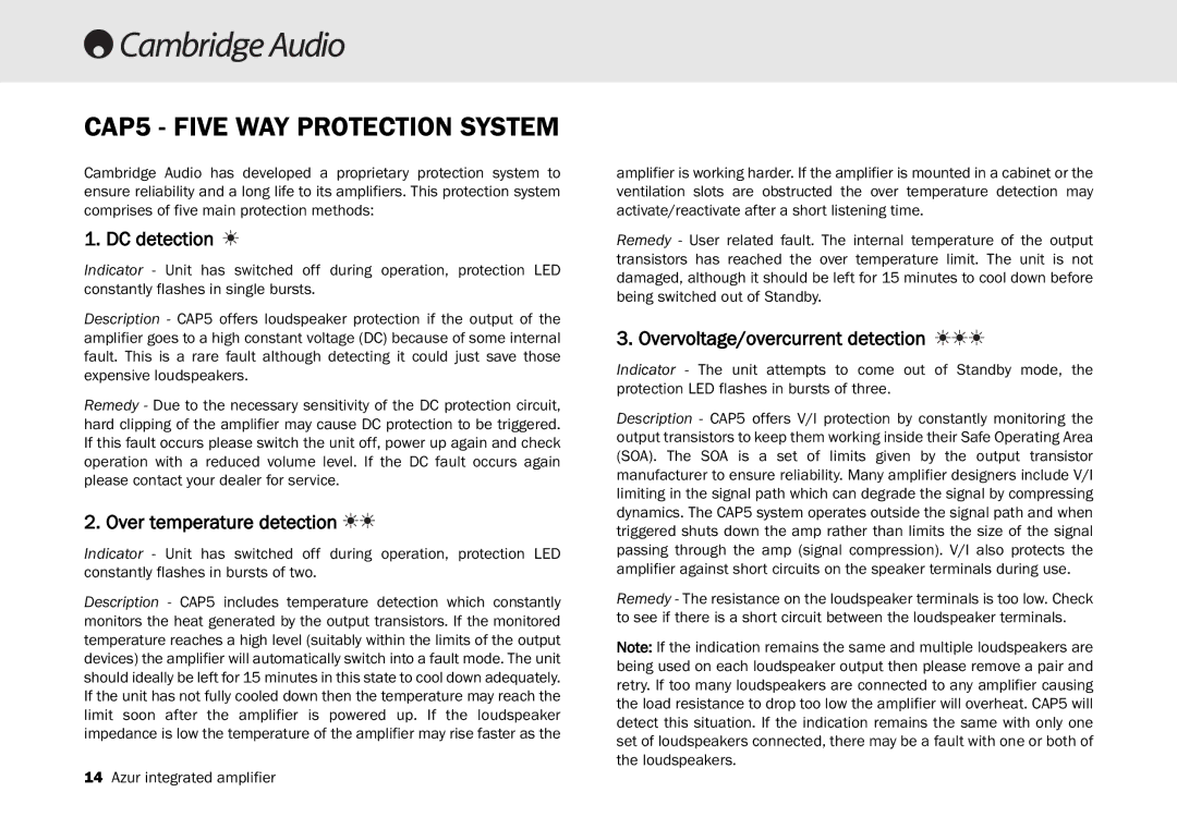 Cambridge Audio 540A, 640A user manual CAP5 Five WAY Protection System, DC detection, Over temperature detection 