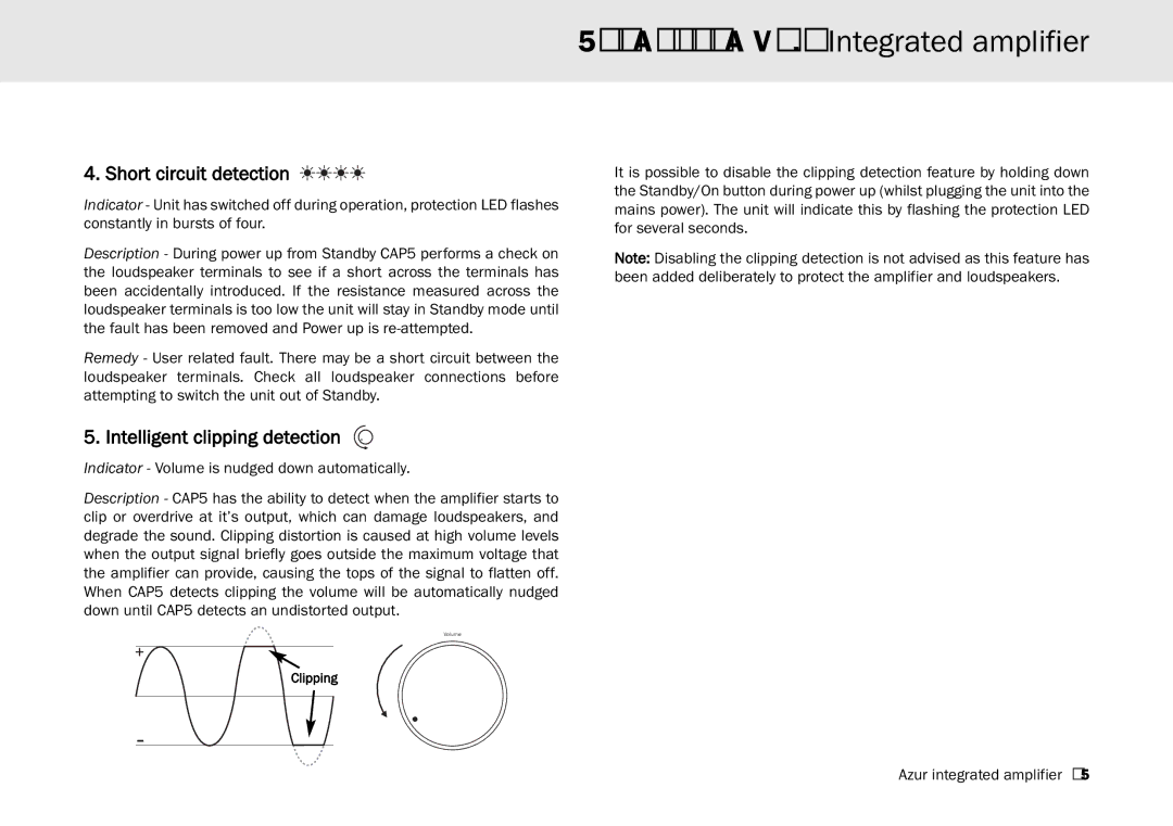 Cambridge Audio 640A, 540A user manual Short circuit detection, Intelligent clipping detection 