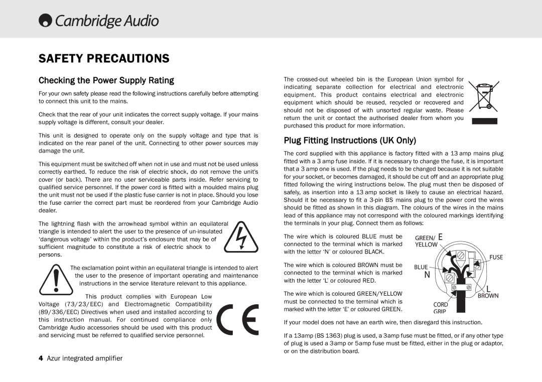 Cambridge Audio 540A, 640A Safety Precautions, Checking the Power Supply Rating, Plug Fitting Instructions UK Only 