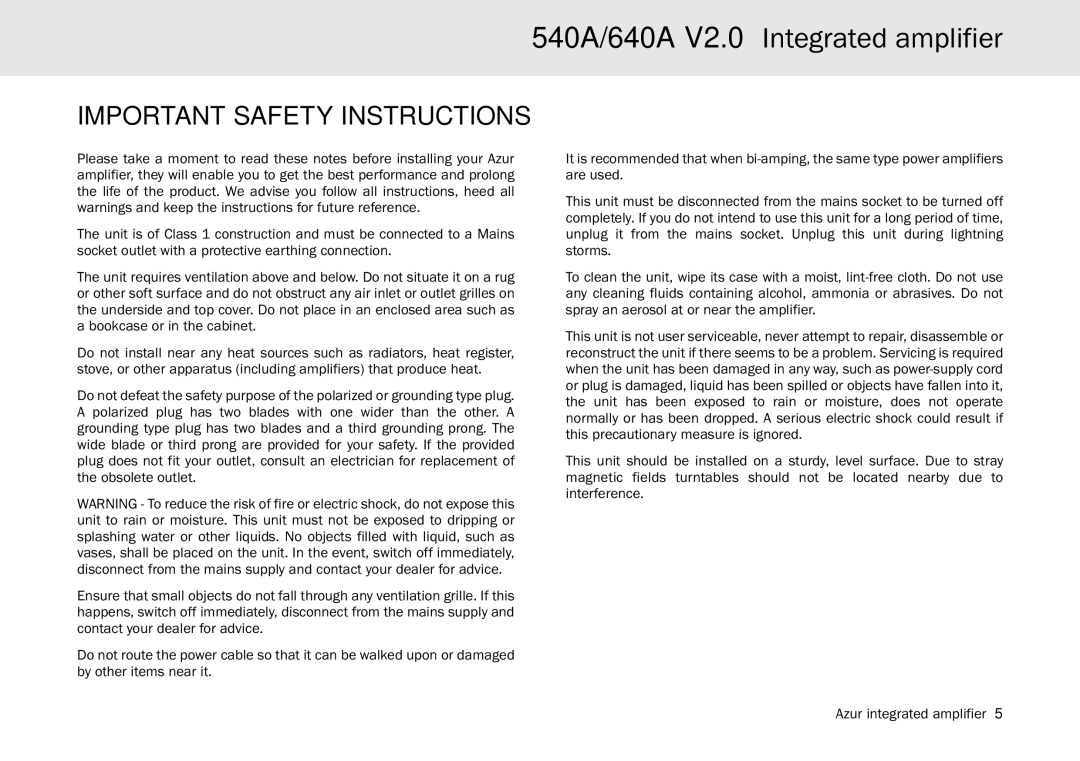 Cambridge Audio 640A, 540A user manual Important Safety Instructions 