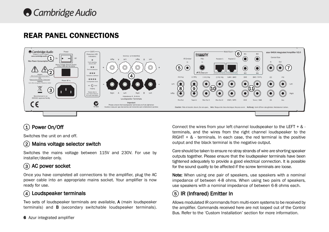 Cambridge Audio 540A, 640A user manual Rear Panel Connections 