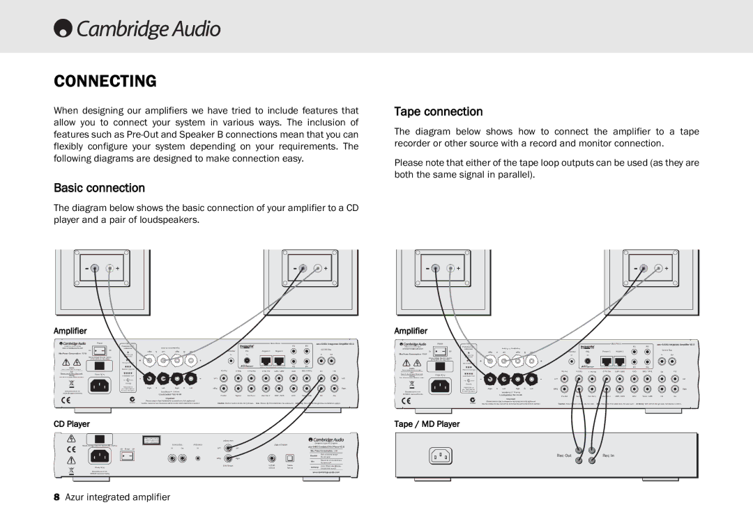 Cambridge Audio 540A, 640A user manual Connecting, Tape connection, Basic connection 