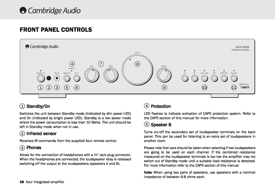 Cambridge Audio 540A, 640A user manual Front Panel Controls, 1Standby/On, 2Infrared sensor, 3Phones, 4Protection, 5Speaker B 