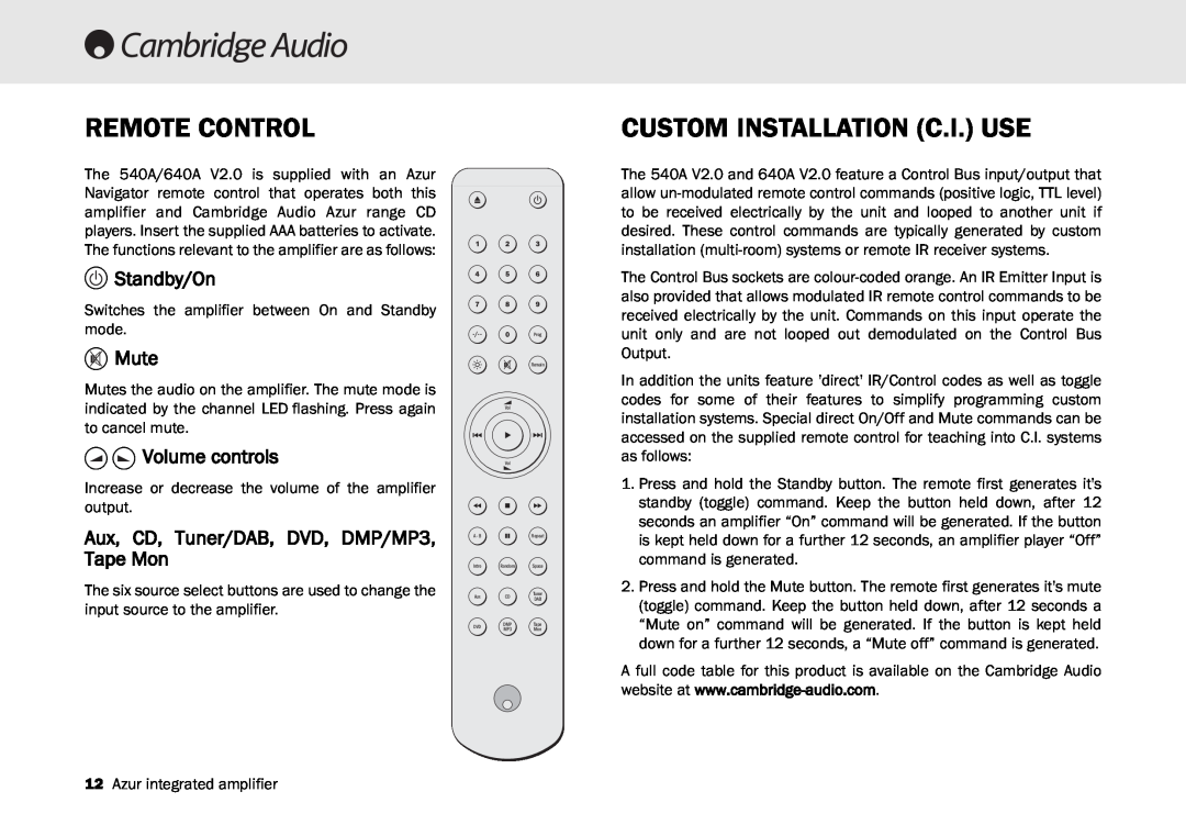 Cambridge Audio 540A, 640A user manual Remote Control, Custom Installation C.I. Use, Standby/On, Mute, Volume controls 