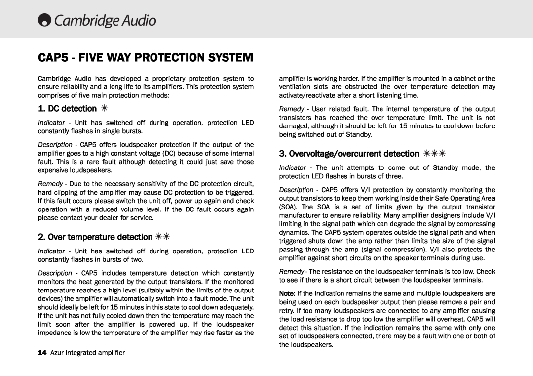 Cambridge Audio 540A, 640A user manual CAP5 - FIVE WAY PROTECTION SYSTEM, DC detection, Over temperature detection 