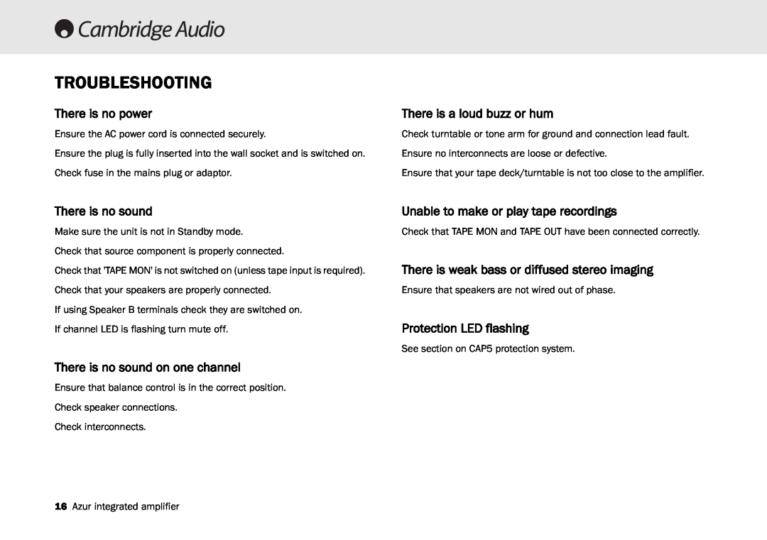 Cambridge Audio 540A, 640A user manual Troubleshooting, There is no power, There is a loud buzz or hum, There is no sound 