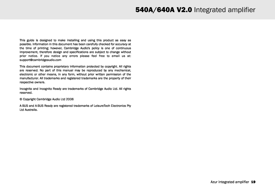 Cambridge Audio user manual 540A/640A V2.0 Integrated amplifier 