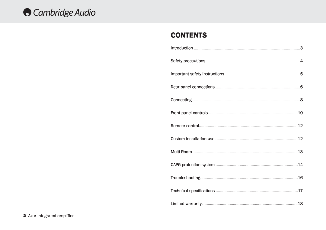 Cambridge Audio 540A, 640A user manual Contents, 2Azur integrated amplifier 