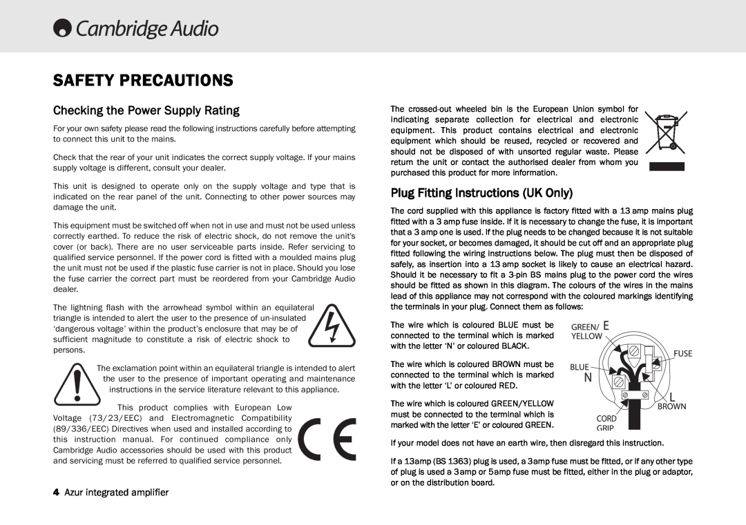 Cambridge Audio 540A, 640A Safety Precautions, Checking the Power Supply Rating, Plug Fitting Instructions UK Only 