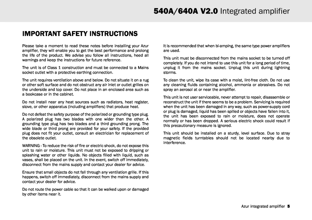 Cambridge Audio user manual Important Safety Instructions, 540A/640A V2.0 Integrated amplifier 