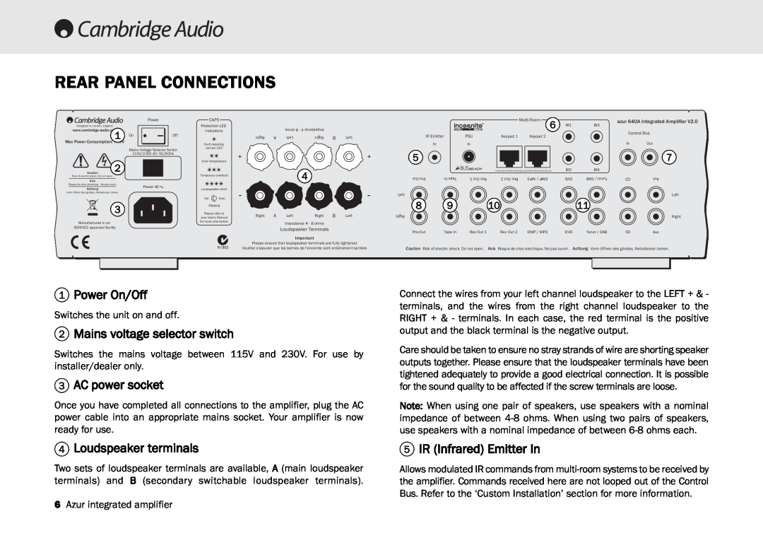 Cambridge Audio 540A, 640A Rear Panel Connections, 1Power On/Off, 2Mains voltage selector switch, 3AC power socket, 1 On 