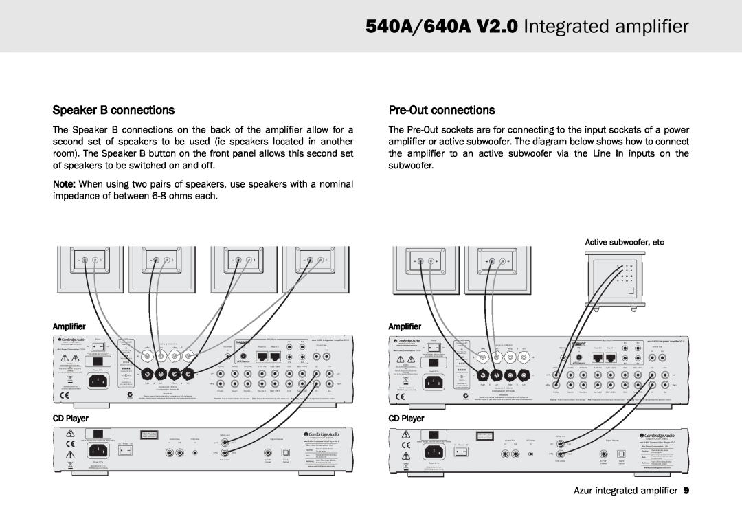 Cambridge Audio user manual Speaker B connections, Pre-Outconnections, 540A/640A V2.0 Integrated amplifier 
