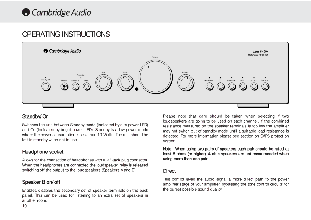 Cambridge Audio 540A user manual Operating Instructions, Standby/On, Headphone socket, Speaker B on/off, Direct 